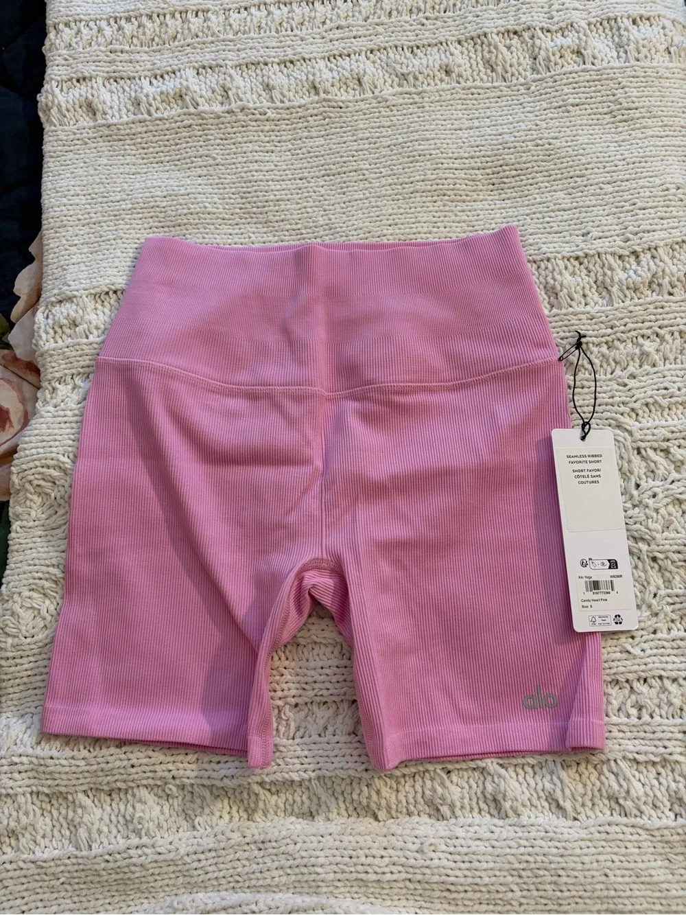ALO Yoga Ribbed Athletic Shorts in Heart Pink - Picture 1 of 6